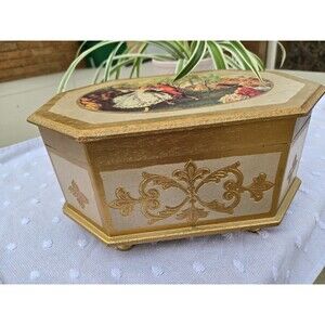 Regency Style Octagon Music Box - Gold Filigree & Floral Gilt -